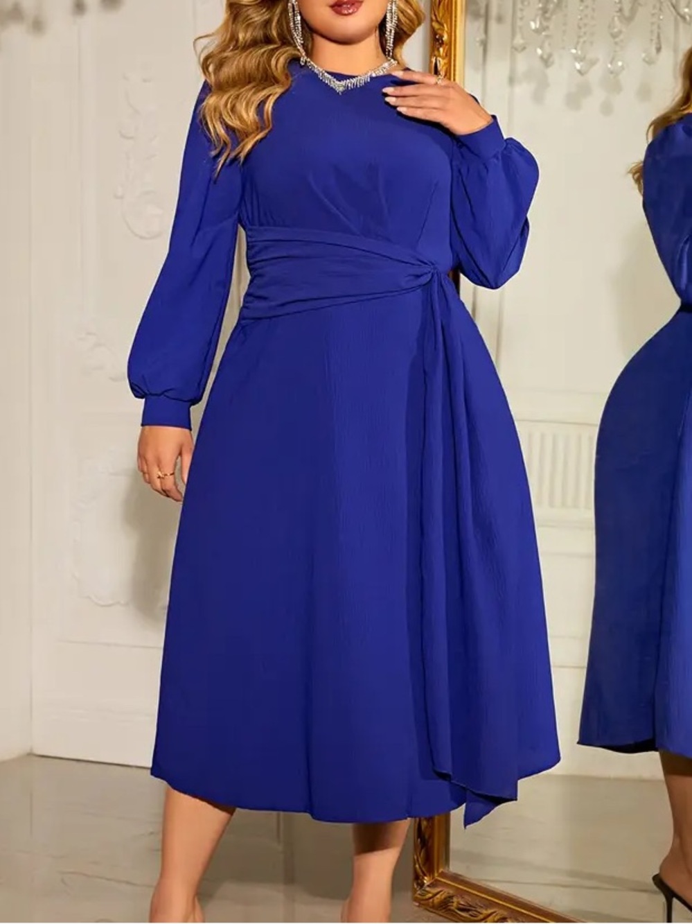 Plus-Size Royal Blue Long Sleeve Wrap Midi Dress
